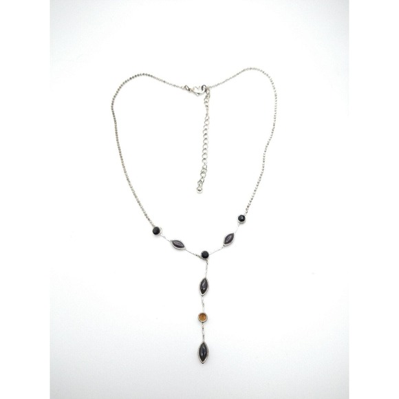 Simple Silver Tone & Black Faceted Oval Teardrop Y-drop Y2K Fashion Necklace - Picture 4 of 7